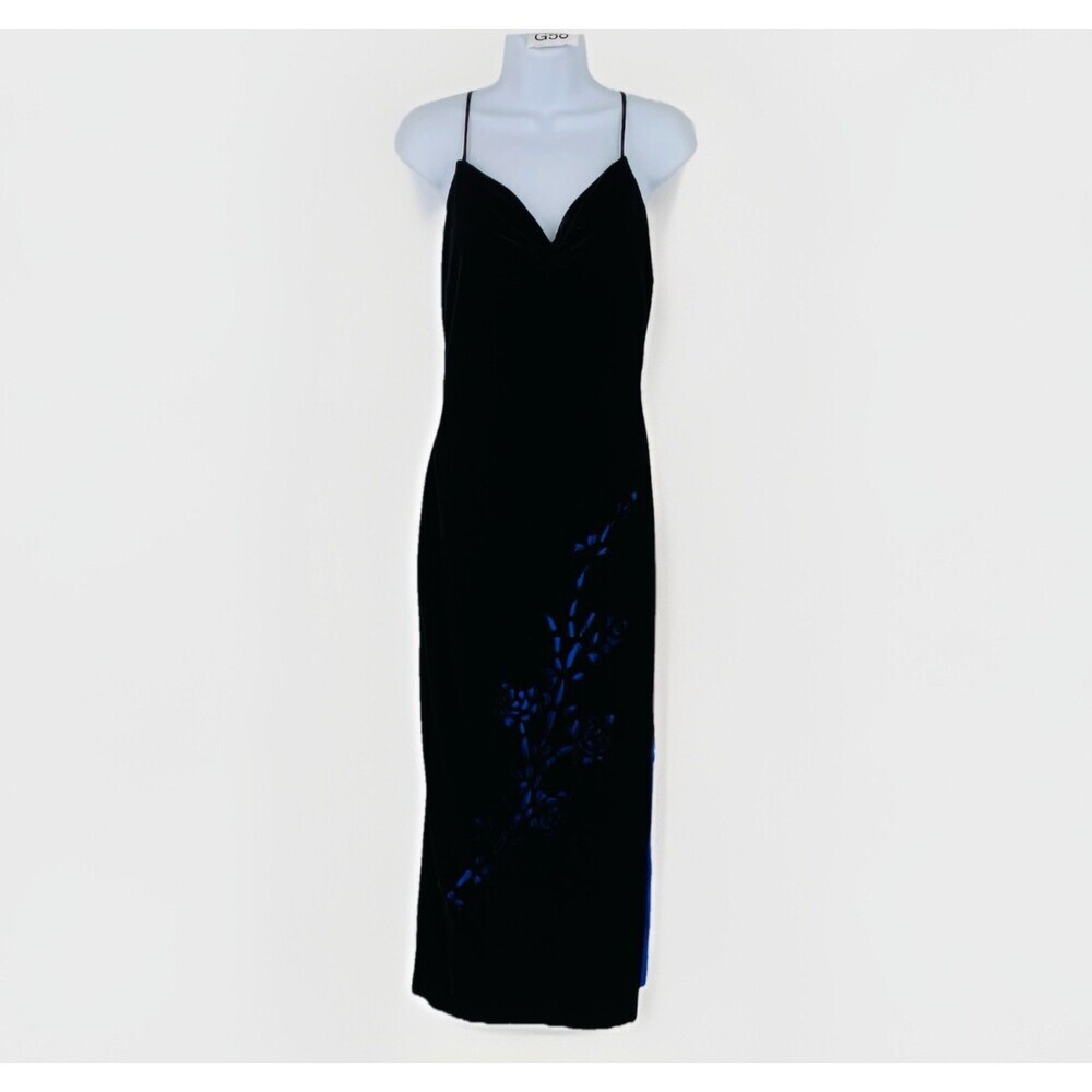 Y2K DE.LARU Black  Velvet Maxi Dress Rosette Slit Goth Formal Whimsigoth 11/12